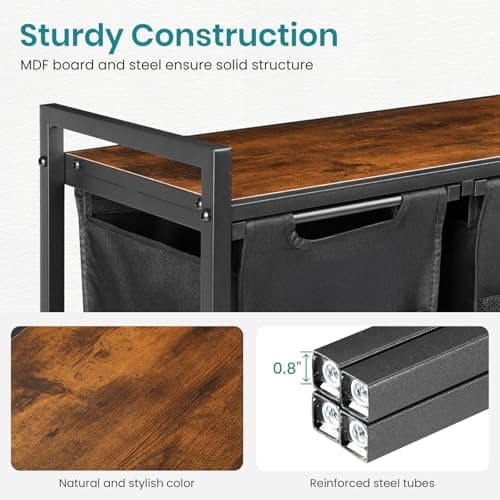 OLIXIS Laundry Hamper, Laundry Sorter with Shelf, Clothes Basket Organizer with 3 Pull-Out and Removable Bags, Movable Wheels for Laundry Room Bathroom Bedroom, 3 × 8.6 Gal (97.5L), Metal Frame, Black 7