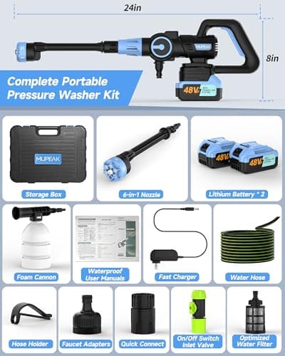 MUPEAK Brushless Cordless Pressure Washer, 1500PSI Portable Power Washer with 2 Rechargeable & Removable Batteries, 3 Adjustable Modes/6 in 1 Nozzle, Battery Operated Pressure Washer for Car, Blue 8
