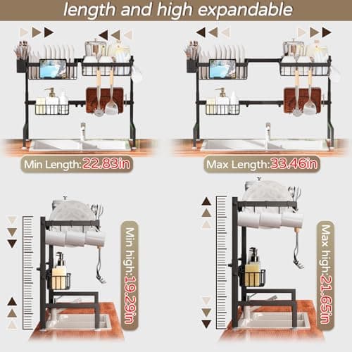 adoymiro Over The Sink Dish Drying Rack, Expandable Height and Length, 2 Tier Large, Stainless Steel, 24-35.5 inches L x 12 inches W x 19-22 inches H 5