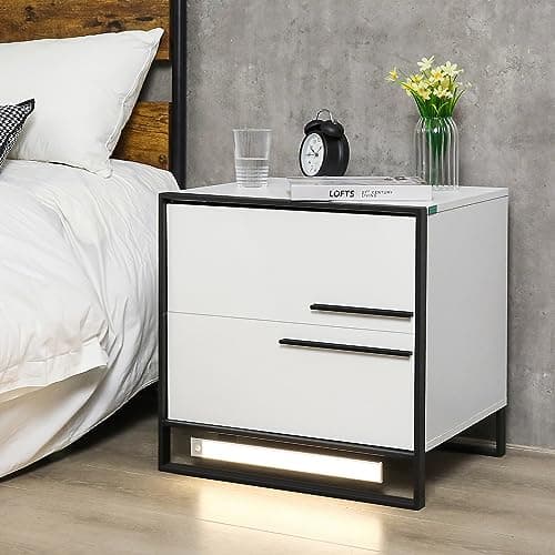 HOMMPA Auto Led Nightstand with High Gloss Drawer White Nightstand Led Bedside Table with Metal Frame Modern Led Night Stand Table with 3 Color Magnetic Infrared Sensing LED Light/Adustable Brightnes 8