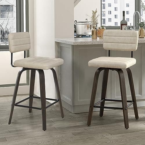 FERFALDER Swivel Bar Stools Set of 2, Counter Height, Wooden Frame, PU Leather Cushions, Beige