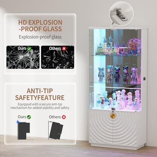 Lvifur 71'' Display Cabinet with Glass Doors,4-Tier Curio Cabinet with 3-Color Lights for Collectibles,Lockable Glass Display Case Human Body Sensor,Tall Bookcase w/Shelves&Drawers,White 8