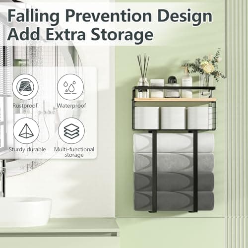 Xstydes Towel Racks for Bathroom, Metal Towel Holder with Storage Basket,Wall Towel Rack for Rolled Towels, Towel Storage for Small Bathroom. 5