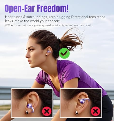 King Lucky Clip-On Earbuds Gen 3, Open-Ear Wireless Bluetooth 6.0 Headphones with Mic, Secure Fit for Small Ears & Glasses Wearers, 50H Playtime, ENC, IPX5 Waterproof Sport Ear Buds (Purple) 9