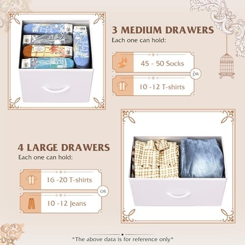 WLIVE 7 Drawer Dresser TV Stand, Dressers for Bedroom, Fabric Storage Tower, Hallway, Entryway, Closets, Sturdy Steel Frame, Wood Top, Easy Pull Handle, White 5