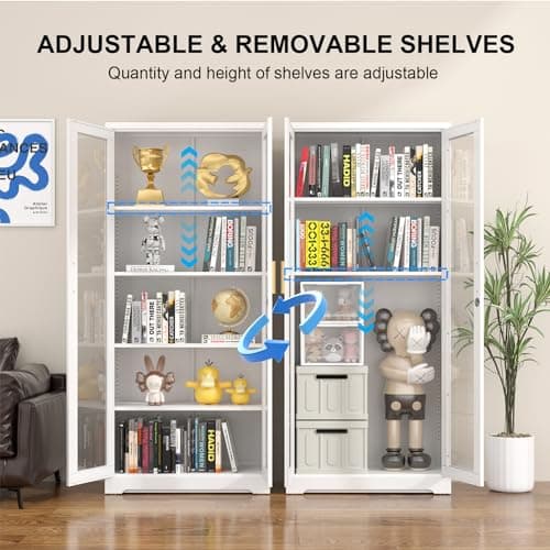 Polup Display Cabinet with Glass Doors, 71'' Tall Curio Cabinets with Lock, Metal Glass Display Case for Collectibles, Living Room, School, Commercial, White, Assemble Required 5