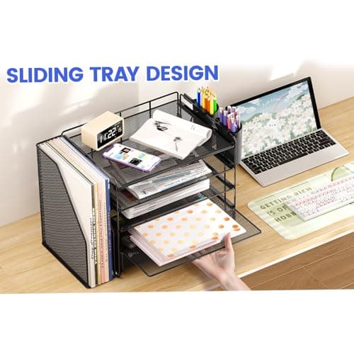 OPNICE Desk Organizer, 5-Tier Paper File Organizer with Drawer & Pen Holder, Office Desk Accessories, Workspace Desktop Organizer for Office Supplies(Black) 7