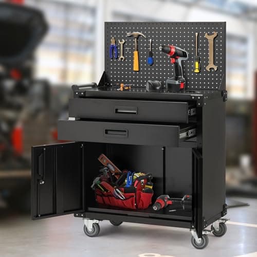 Danrelax 52" Mobile Workbench with Pegboard & Drawers - Heavy-Duty Garage Tool Bench with Lockable Storage, Cold-Rolled Steel, 4 Swivel Casters, Black 6