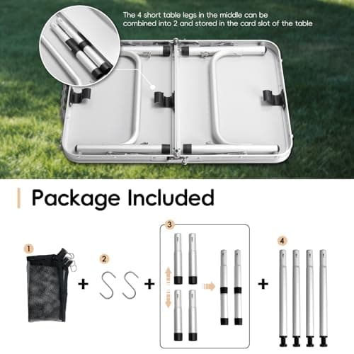 pollilar Small Camping Table 2Ft Folding Table 3 Adjustable Height Portable Lightweight Table Aluminum Fold Up Dining Table for Picnic,Beach BBQ,Cooking, Bed Working Outdoor & Indoor 5