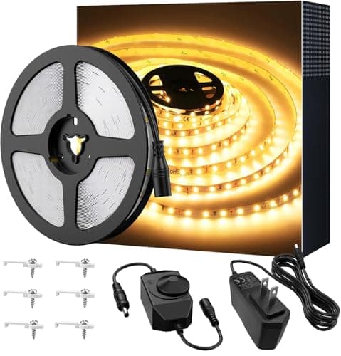 Warm LED Strip Lights,Onforu16.4ft Dimmable Strip Lighting,3000K 5m 12v Tape Light, 2835 LEDs Flexible Warm White Rope Light for Home,Kitchen,Under Cabinet,Bedroom, Christmas Decor, Non-Waterproof