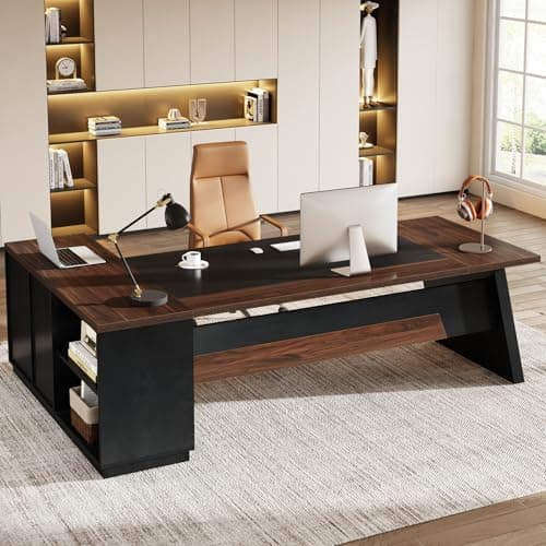 Tribesigns 78" L-Shaped Executive Desk, Large Office Desk with Drawers and File Cabinet, Modern Business Furniture for Home Office (Walnut & Black)