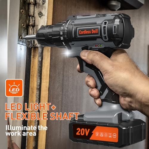 VIWKO 20V Cordless Drill Set, Power Drill Cordless with 2 Batteries and Charger, 3/8 Inch Chuck Electric Drill, 25+1 Torque Setting, 2 Speeds, 370 In-lb Torque, 42Pcs Drill Driver Bits/Screws for DIY 7