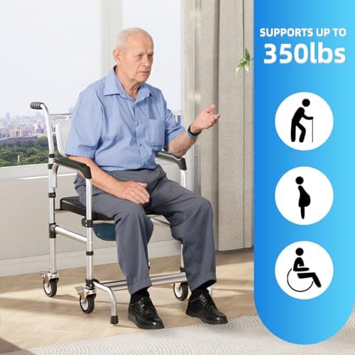 4 in 1 Rolling Bedside Commode Chair with Wheels for Elderly, Shower Chair with Handles, Adjustable Height Raised Toilet Seat for Seniors,Disabled and Pregnant Holds Up to 350 lbs (Black) 7