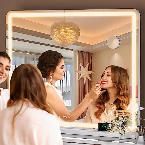 Hasipu Vanity Mirror with Lights, 37.4" x 26" LED Makeup Mirror, Lighted Makeup Mirror with Dimmable 3 Modes, Touch Screen Control Vanity Mirror Round White 5