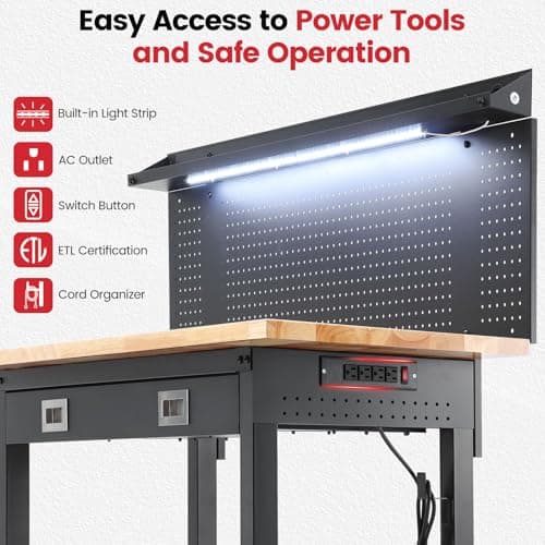 ENJOYWOOD 60" x 22'' Garage Workbench with Wheels Adjustable Height Rubberwood Work Table with Drawers, Pegboard, Power Outlets & LED Light Heavy Duty Rolling Workbench for Workshop & Home 6