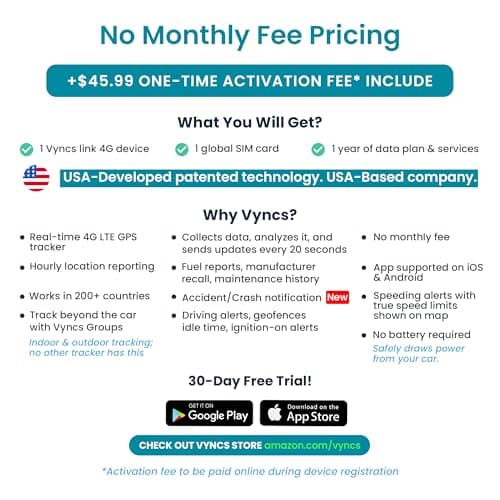 Vyncs - GPS Tracker for Vehicles, [No Monthly Fee], 4G LTE, Vehicle Location, Trip History, Driving Alerts, GeoFence, Fuel Economy, OBD Fault Codes, USA-Developed, Family or Fleets 2