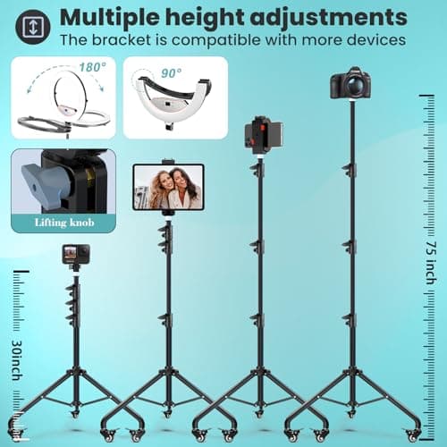 MACTREM 22" Foldable Ring Light with Stand for iPhone ipad, 75" Tripod with Wheels 50W 6500K LED Display/2 USB Ports Large Ringlight Rolling, Tattoo Barber Makeup Studio Video Photography Lighting 6
