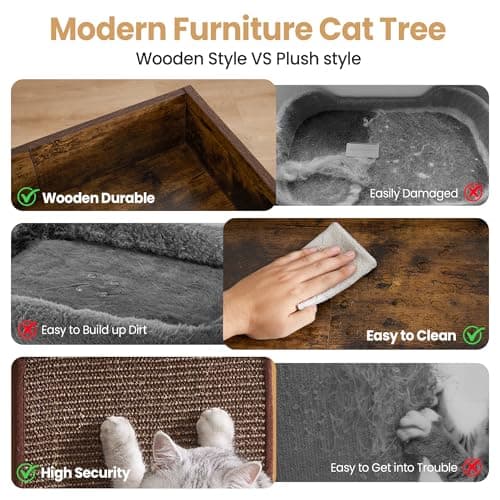 Modern Wood Cat Tree Tower for Indoor Large Cats, 33.8-Inch Tall Wooden Cat Trees with Big Perch Bed, Cat Scratching Pads, Washable Removable Cushions and Scratching Mat, Cat Furniture, Rustic Brown 5