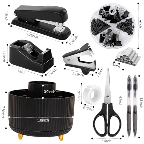SKYDUE Black Office Supplies, Black Office Desk Accessories 10PCS, Pencil Holder for Desk, Stapler, Tape Dispenser, Scissors, Ruler, Clips and 1000pcs Staples, Desk Supplies Set 6