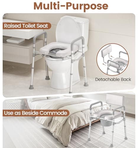 SOUNDFUSE Bedside Commode Chair with Padded Seat and Backrest, Aluminum Dual-Crossbar, Height Adjustable, Portable Toilet for Seniors and Adults, Potty Bucket and Splash Guard, 350 lbs Weight Capacity 5