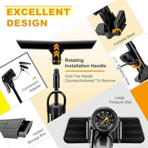 Hycline Bike Floor Pump with Gauge: 160 PSI High Pressure Bicycle Pumps - Durable Air Pump Fits Presta & Schrader Valve - Inflator for Road MTB Tire, Ball, Balloon, Inflatables - Black 6