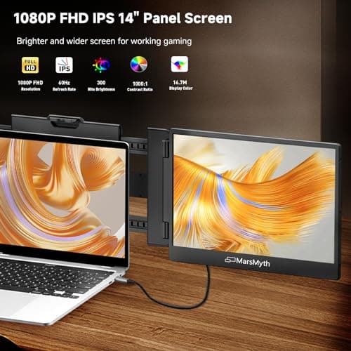 MarsMyth S1 Laptop Screen Extender - 14'' Portable Dual Monitor for Laptops, 1080P FHD Plug & Play Portable Monitor for 13''-17'' Laptops, Compatible with Windows Mac PS5 Dex Android Switch 5
