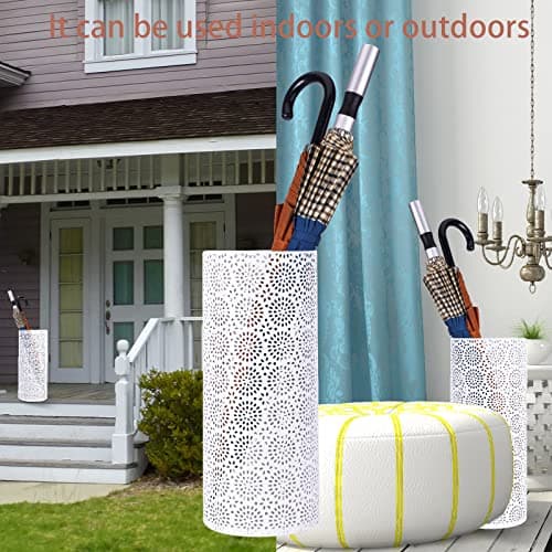 BEWBBAT Umbrella Stand Rack for Entryway, Free Standing Metal Umbrella Holder, Round Umbrella Organizer Bin with 3 Hooks for Long Short Umbrella, Walk Stick, Home Office Indoor, 17 x 7 Inch, White 6
