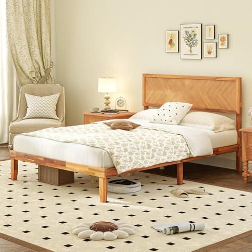 Giantex Wood Full Size Bed Frame with Headboard, Solid Acacia Wood Platform Bed with 12 Strong Wooden Slat Support, Scandinavian Style Art Deco Full Bed Frame, No Box Spring Needed, Rustic Brown 9