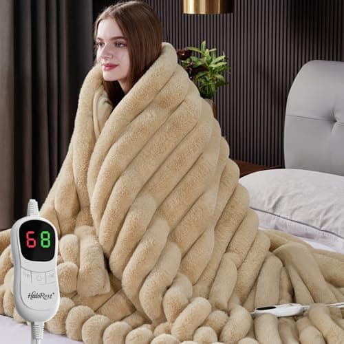 HaloRest Heated Throw Blanket, Faux Fur Cozy Heating Blanket with Overheat Protection, 1/2/4/6/8 Hours Auto-Off 10 Heat Level, Machine Washable (50x60 Inches, Beige)