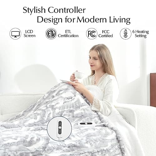 SNUGSUN Heated Throw Blanket Faux Fur & Sherpa, Safe Electric Blanket ETL & FCC Certified, Soft Warm 6 Heating Levels & 4 Hours Auto-Off, Machine Washable, 50"x60" Light Grey & White Pattern 8
