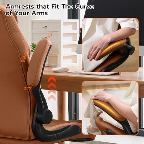Office Desk Chair, Ergonomic Computer Chair with Padded Flip-Up Arms and Adjustable Lumbar Support, PU Leather Executive Chair with Tilt Lock and 360° Swivel Rolling Wheels for Work, Study 8