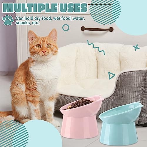 Zhehao 2 Pieces Plastic Raised Bowl Tilted 15 Degrees Elevated Cat Food and Water Bowls Set Anti Vomit Dog Kitten Food Dishes Pet for Cats and Small Dogs(Cat Ears,Light Green, Red) 6