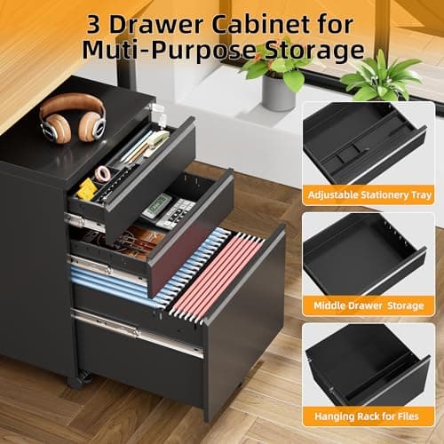 INTERGREAT 3 Drawer File Cabinet, Metal Filling Cabinets with Lock, Locking Office Mobile Cabinet with Wheels for Legal/Letter Size, Under Desk, Assembled, Black 5