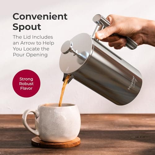 MuellerLiving French Press Coffee Maker 20oz, Stainless Steel French Press Coffee, 4 Filter Heat Resistant Double Insulated, Rust-Free, Food Grade, Dishwasher Safe Coffee Pot 7