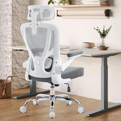 shipborne Office Chair Ergonomic Office Chair with Lumbar Support, Head Support, Rocking Function, FILP-up Armrests, Mesh High Back Chair Home Office Desk Chair, Suitable for Home, Office, Grey