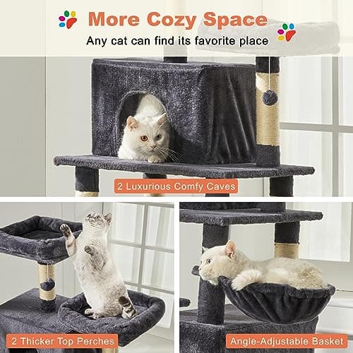 Mdeam Cat Tree 74 Inch Multi-Level Large Cat Tower with 16 Sisal Scratching Posts, 2 Caves, 2 Perches, Hammock, Scratching Board, Basket, Cozy Plush Cat Perches for Indoor Large Cats (Dark Gray) 5