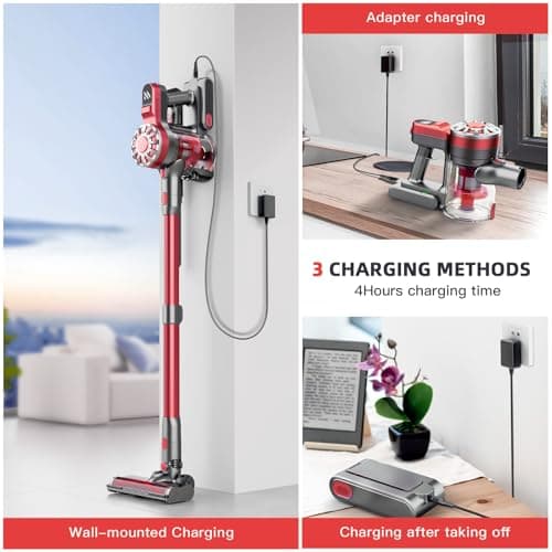 WLOTPO Cordless Vacuum Cleane,Stick Vacuum Cordless Rechargeable with Super Suction,Hardwood Floor Vacuum for Home Pet Hair, Carpets, Tile(Deep Red) 4