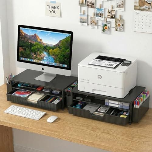 ECOLOVI Desk Organizer and Accessories, 2-Tier Computer Monitor Stand Rise with Storage Drawer & 2 Pen Holders, Laptop & Printer Stand for Desktop, Workspace Organizers for Office Supplies (Black) 8