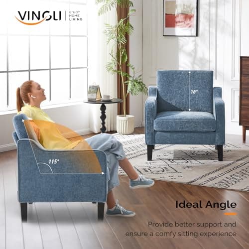 VINGLI Mid Century Modern Accent Chair,Navy Blue Chenille Chairs for Living Room Upholstered Armchair with Scooped Arms for Bedroom,Apartment,Studio,Office,Waiting Room 5