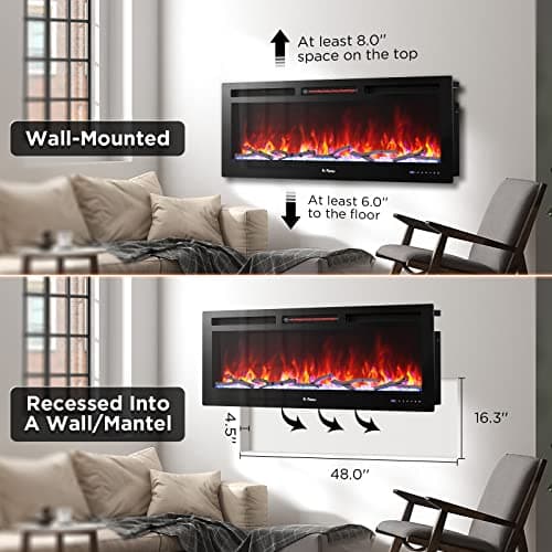 TURBRO 50” Smart WiFi Infrared Electric Fireplace with Sound Crackling and Realistic Flame, 1500W Quartz Heater, Recessed or Wall Mounted, Adjustable Flame Effects, Remote Control and App, in Flames 6