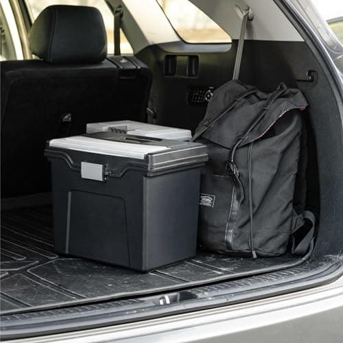 IRIS USA File Box with Lid File Organizer for Letter File w/Organizer-Lid, Water Resistant Document Box, Plastic Mobile Filing Organizer, Secure Buckle, Portable Handle, Lockable, Black 4 Pack 9