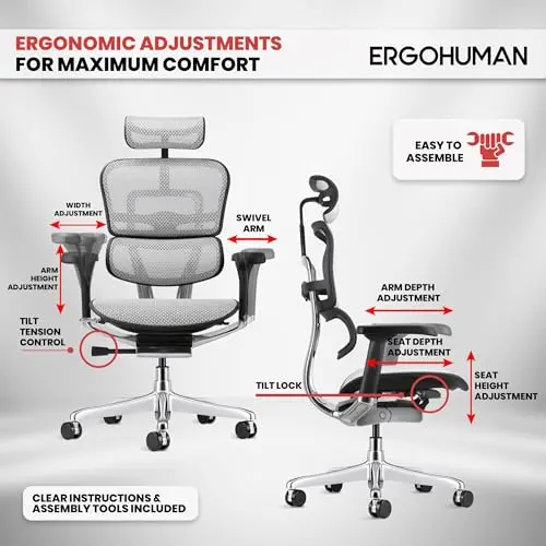 Ergohuman Eurotech ME7ERG GEN2 High Back Mesh Office Chair with Tilt Tension Control, Tilt Lock, Back Angle, Back Height, Synchro Tilt, Seat Height, Seat Depth, and Arm Height Adjustments, Grey 7