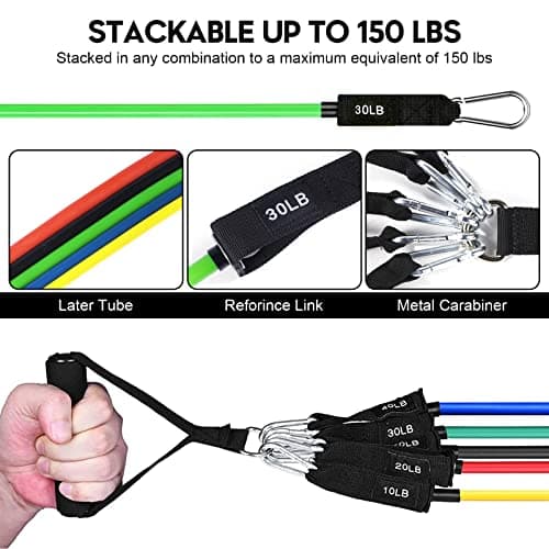 Resistance Bands Set 17pcs, Resistance Band, Exercise Bands Fitness Workout with Wide Handles, Door Anchor, Steel Clasp, Carry Bag, Ankle Straps for Home Gym Outdoor Travel 5
