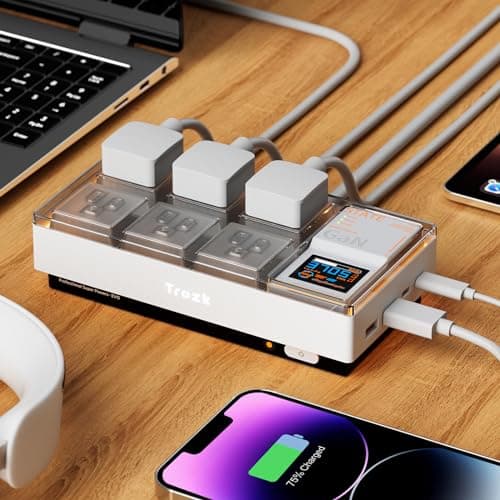 Trozk Surge Protector Power Strip, 6 Outlets with 2 USB A and 2 USB C Port for Multiple Devices, Color Digital Screen, 65W Power Delivery Charging for Home, Office, Dorm Essential (White) 7