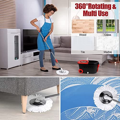 Mop and Bucket Set, 360° Spin Mop and Bucket with Wringer Set and 3 Microfiber Mop Refills, Stainless Steel 61'' Extended Handle Spinning Mop Bucket System for Floor Cleaning 6