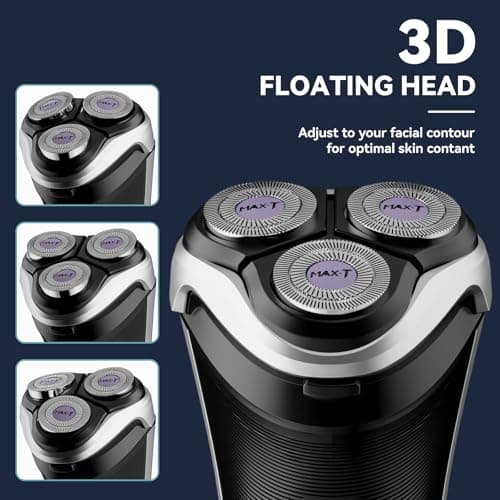 MAX-T Men's Electric Shaver - Corded and Cordless Rechargeable 3D Rotary Shaver Razor for Men with Pop-up Sideburn Trimmer Wet and Dry Painless 100-240V Black (Metal Black) 9