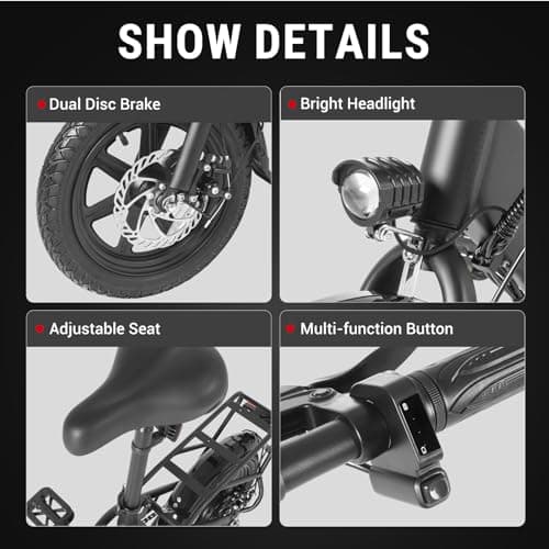 DYU Electric Bike, 350W Motor Folding Electric Bicycles, 36V 7.5Ah Battery, 3 Levels Assist, Dual Disc Brakes, 14" Foldable ebike for Adults and Teens with Pedals 6