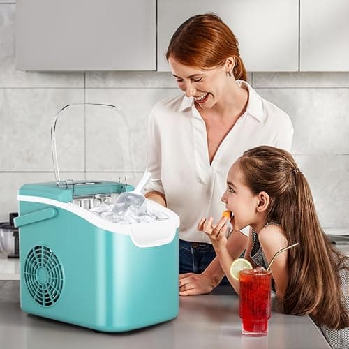 Portable Ice Maker Machine with Handle, 26lbs/24Hrs, 6Mins/9 Ice Cubes, Self-Cleaning with Basket/Scoop, Countertop Ice Makers for Home/Kitchen/Office(Green) 7
