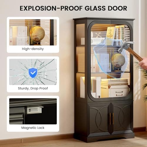 Lareth Display Curio Cabinet with Glass Doors, 69 in Tall Bookcase with LED Lights, Storage Cabinet|Kitchen Pantry Cabinet, 5 Tier Glass Display Case for Living Room, Home Office, Black 5