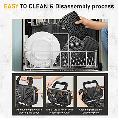 Metine 3-in-1 Belgian Waffle Maker 1200W, Breakfast Sandwich Maker & Waffle Iron with Removable Nonstick Plates, 5-Gear Temperature Control, Cool Touch Handle, Easy to Clean for Family Breakfast 8